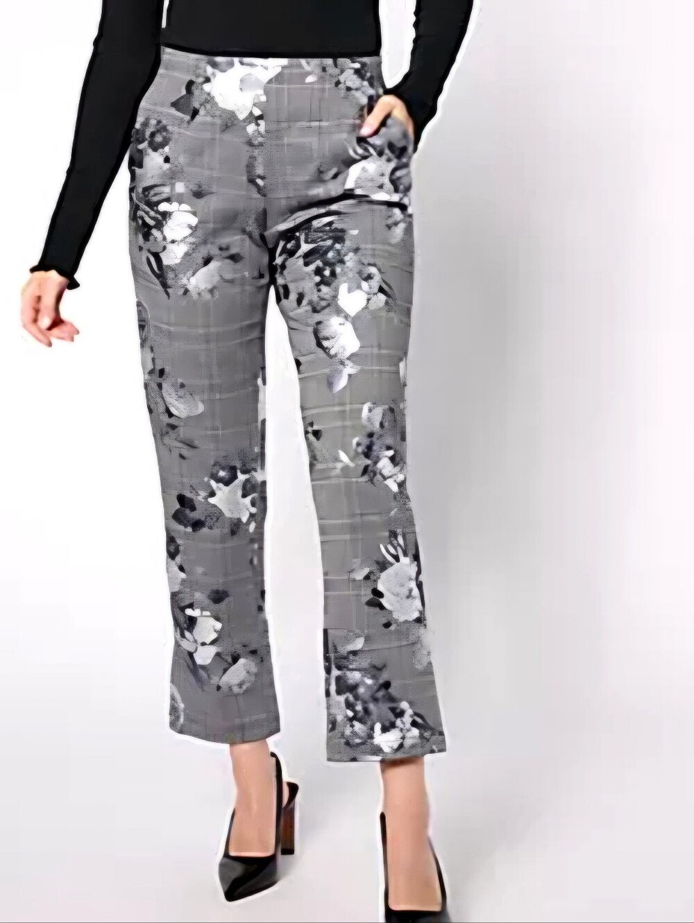 Isaac Mizrahi gray plaid and floral mixed print pants